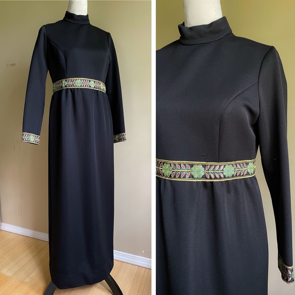 Vintage 60s 70s Brocade Black Polyester Maxi Dress size 12